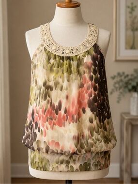 Bwear Crochet-Neck Blouson Tank in Olive, Coral, and Chocolate